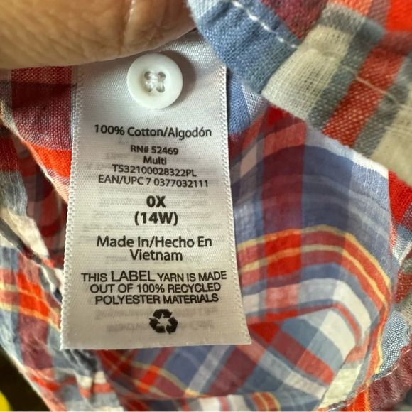 🔹5/$25🔹 Terra & Sky Red Blue Plaid Ruffle Woven Short Sleeve Top 0X (14W) - Picture 10 of 13